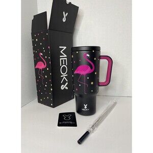 MEOKY 40 OZ TUMBLER WITH HANDLE LID STRAW Flamingo's Polka Dot Black NEW